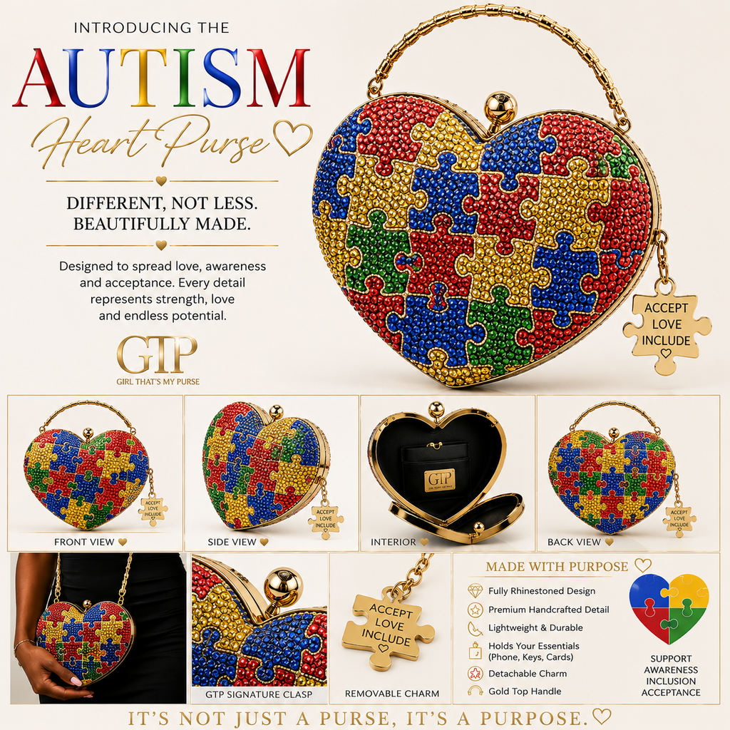 GTP Autism Heart Crystal Clutch product gallery with front, side, interior, back and lifestyle views