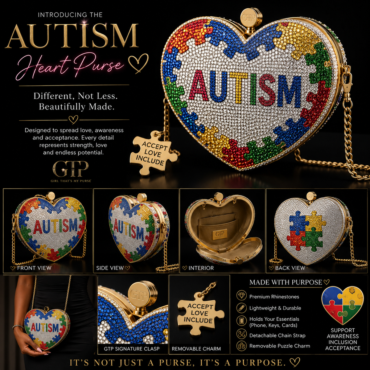 GTP Autism Heart Crystal Clutch luxury product board with multiple views and details