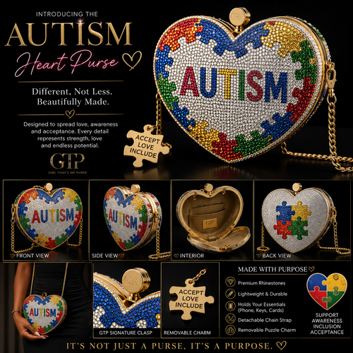 GTP Autism Heart Crystal Clutch luxury product board with multiple views and details