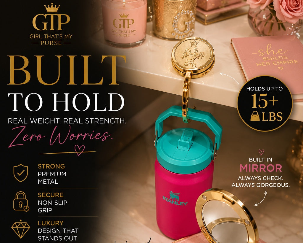 GTP purse hanger holding a bottle and showing built-in mirror and strong metal design