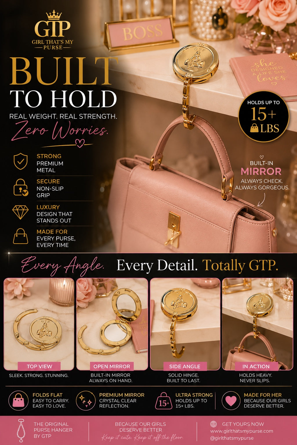 GTP purse hanger product details showing top view, open mirror, side angle, and in action