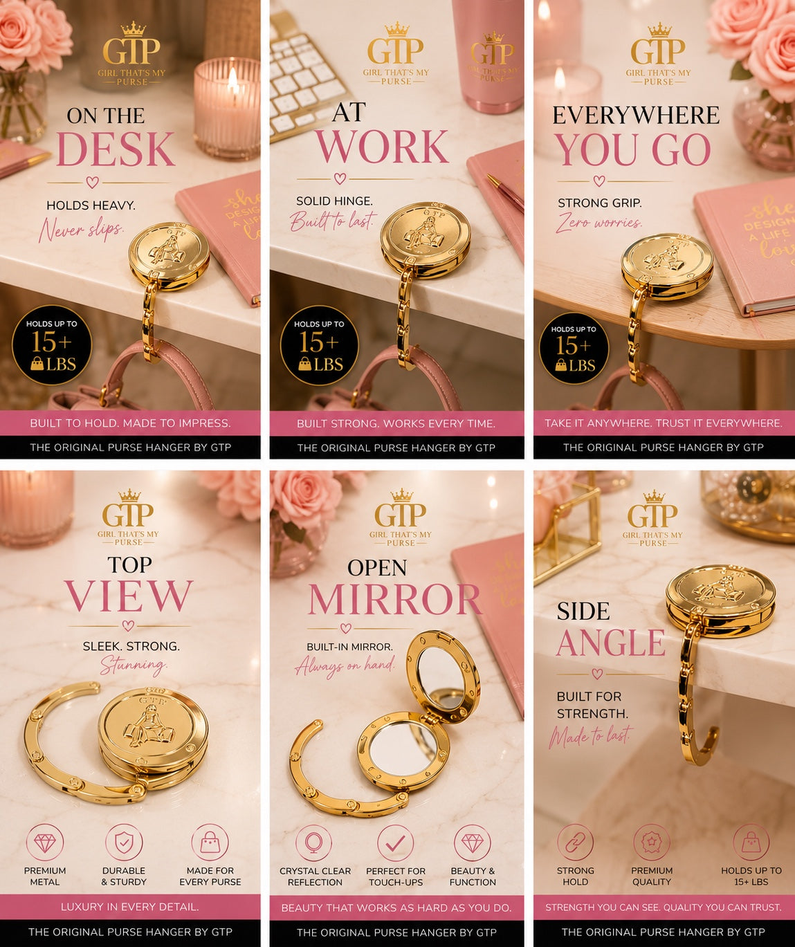 GTP purse hanger product gallery showing desk, work, top view, open mirror, and side angle
