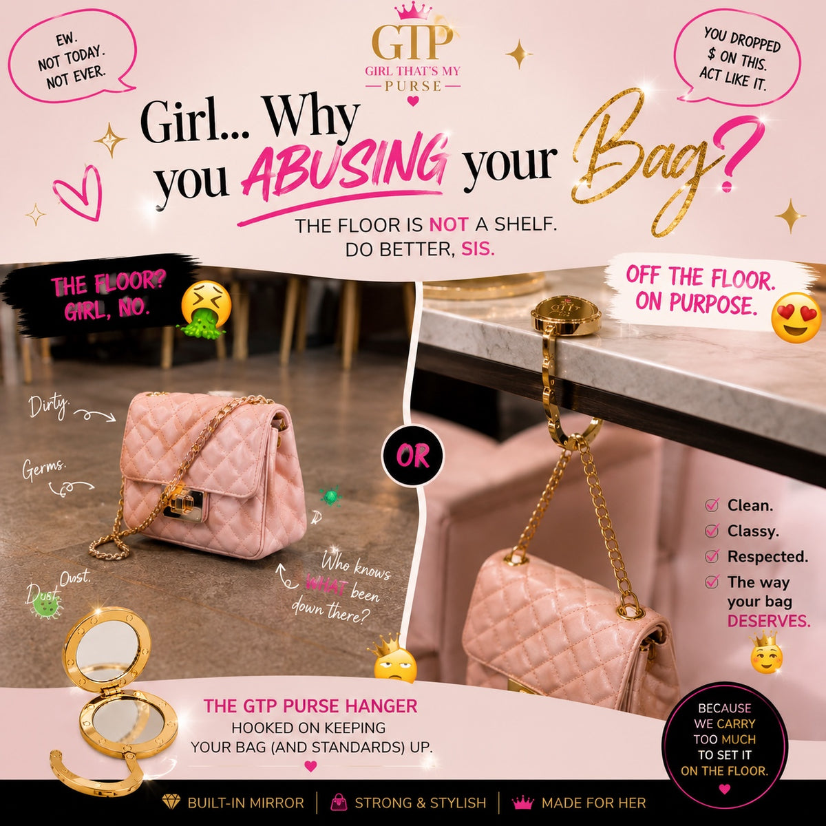 GTP purse hanger promotional image showing a purse on the floor versus hanging safely from a table