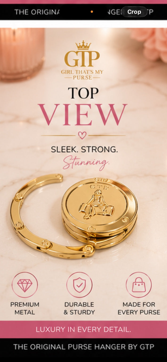 Gold GTP purse hanger top view with built-in mirror design