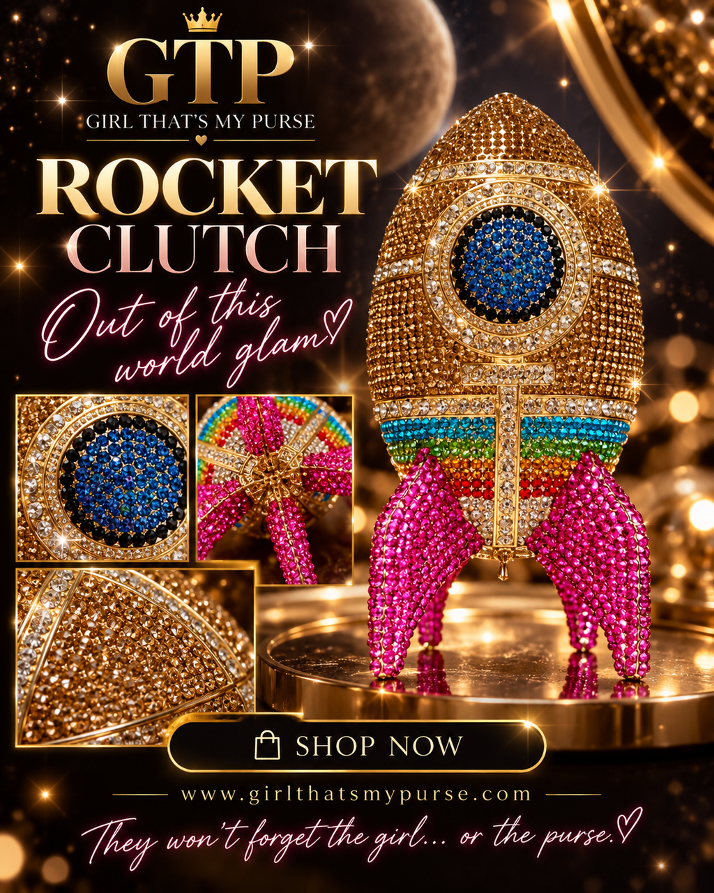 GTP Rocket Clutch campaign concept featuring gold rainbow crystal rocket bag with pink fins