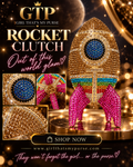 GTP Rocket Clutch campaign concept featuring gold rainbow crystal rocket bag with pink fins