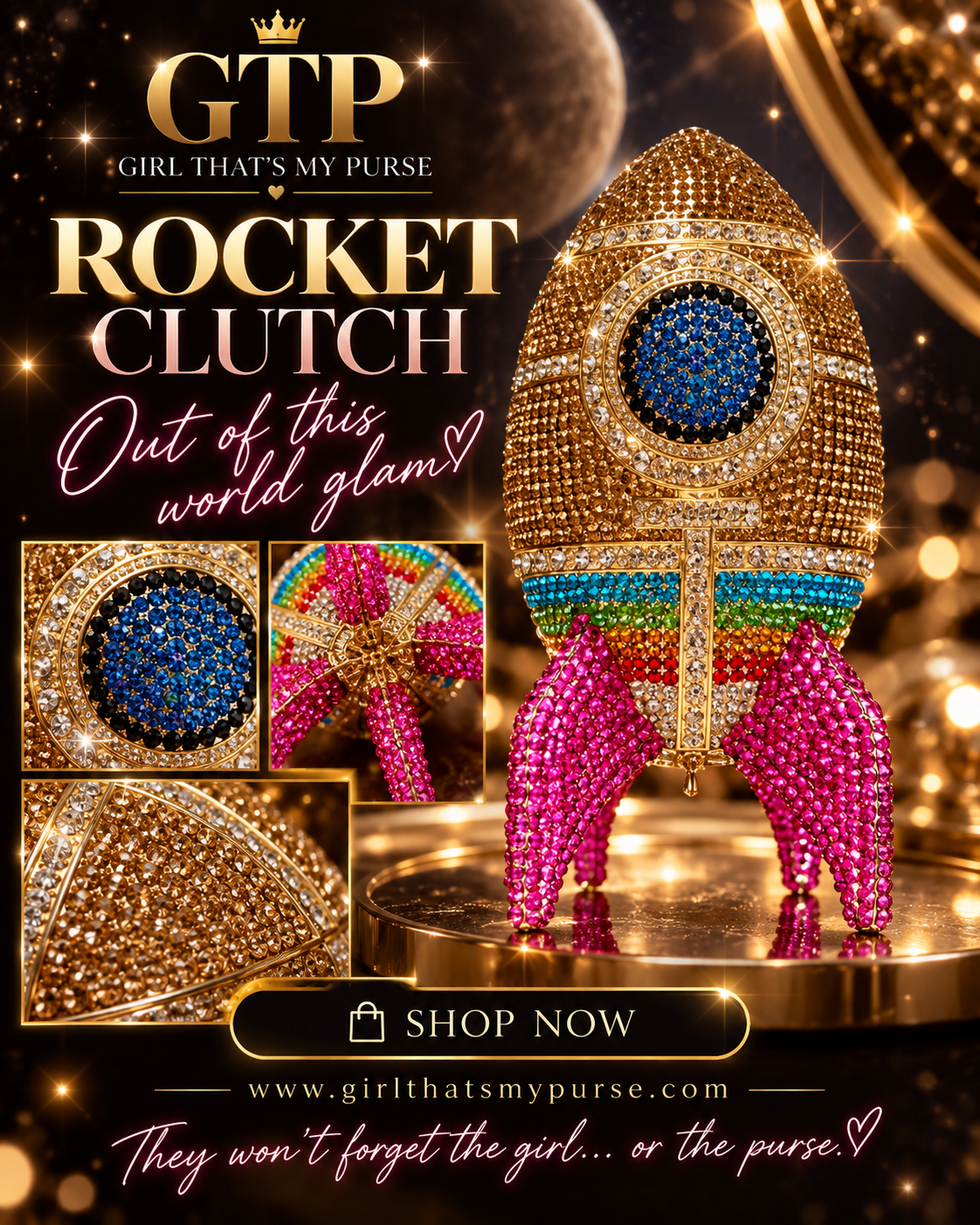 GTP Rocket Clutch campaign concept featuring gold rainbow crystal rocket bag with pink fins