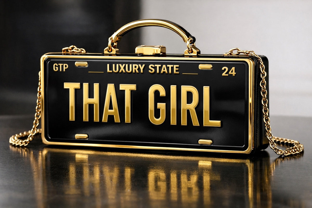 THAT GIRL luxury license plate style clutch with black and gold finish