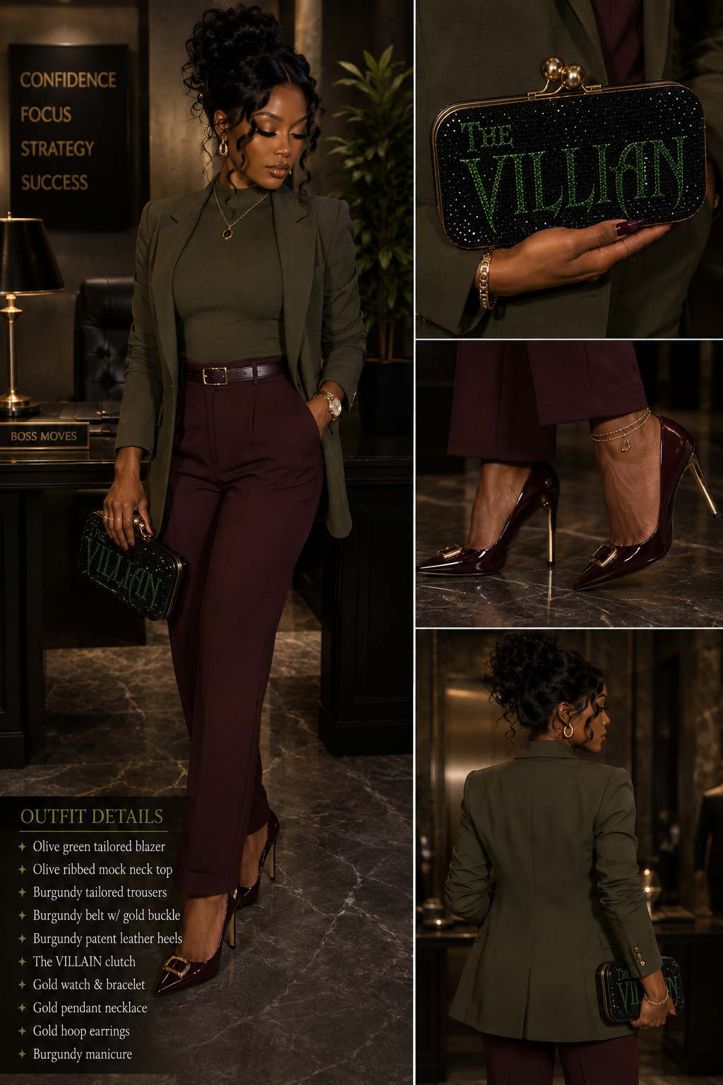THE VILLAIN Crystal Clutch styled with an olive and burgundy luxury outfit
