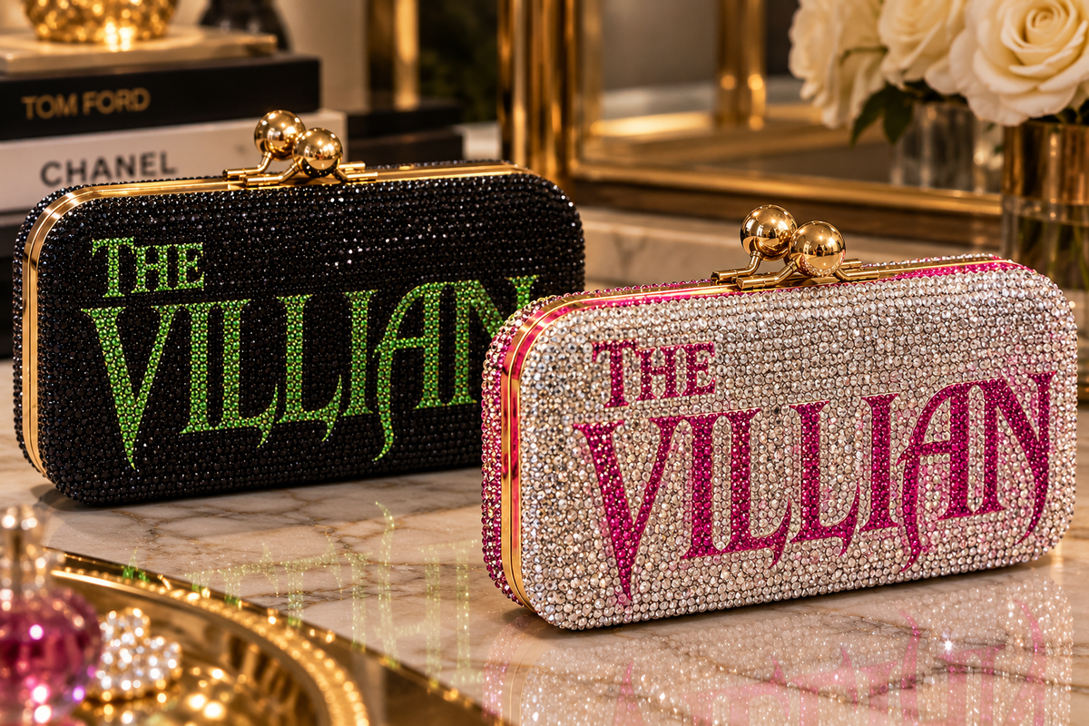 THE VILLAIN Crystal Clutch in green-on-black and pink crystal colorways