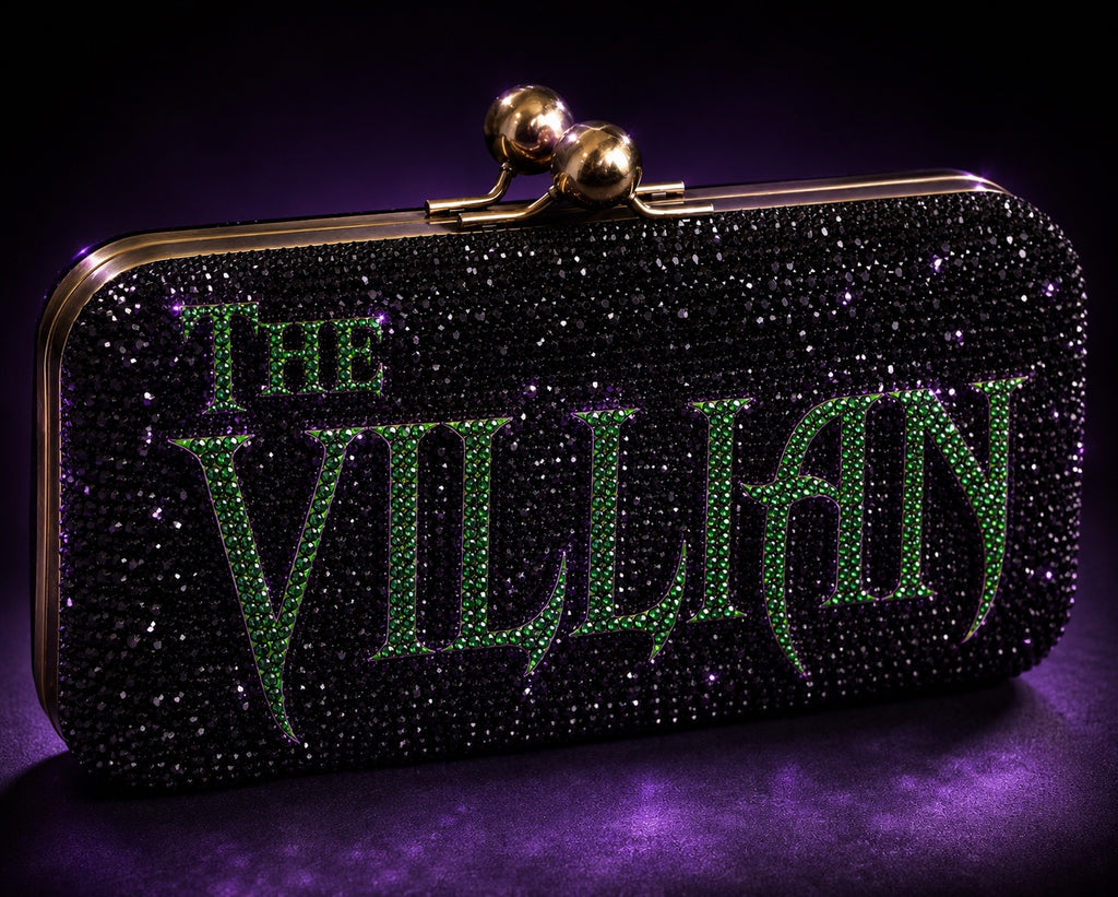 THE VILLAIN black crystal clutch with green rhinestone lettering