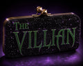 THE VILLAIN black crystal clutch with green rhinestone lettering